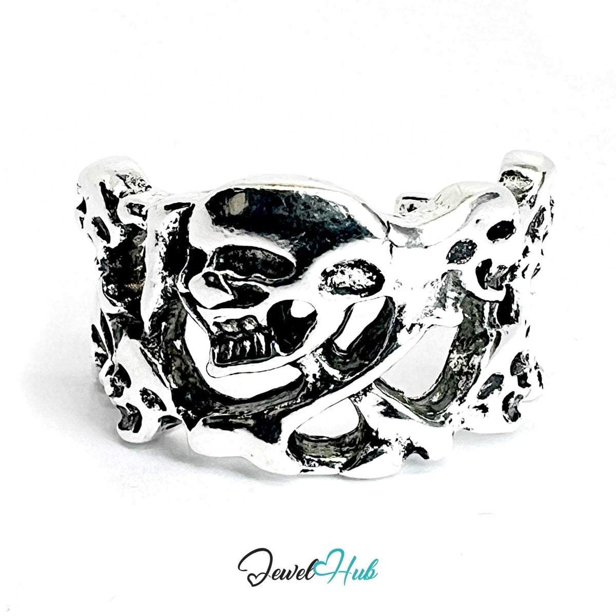 Zinc Alloy Silver‑Plated Punk Ring – Skull Pattern Sculptural Symbolism - JewelHub.co.uk