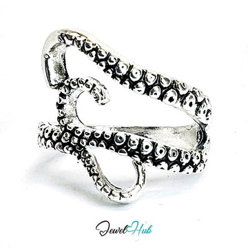 Zinc Alloy Silver‑Plated Punk Ring – Skull Tentacle Dual Claw Grip - JewelHub.co.uk