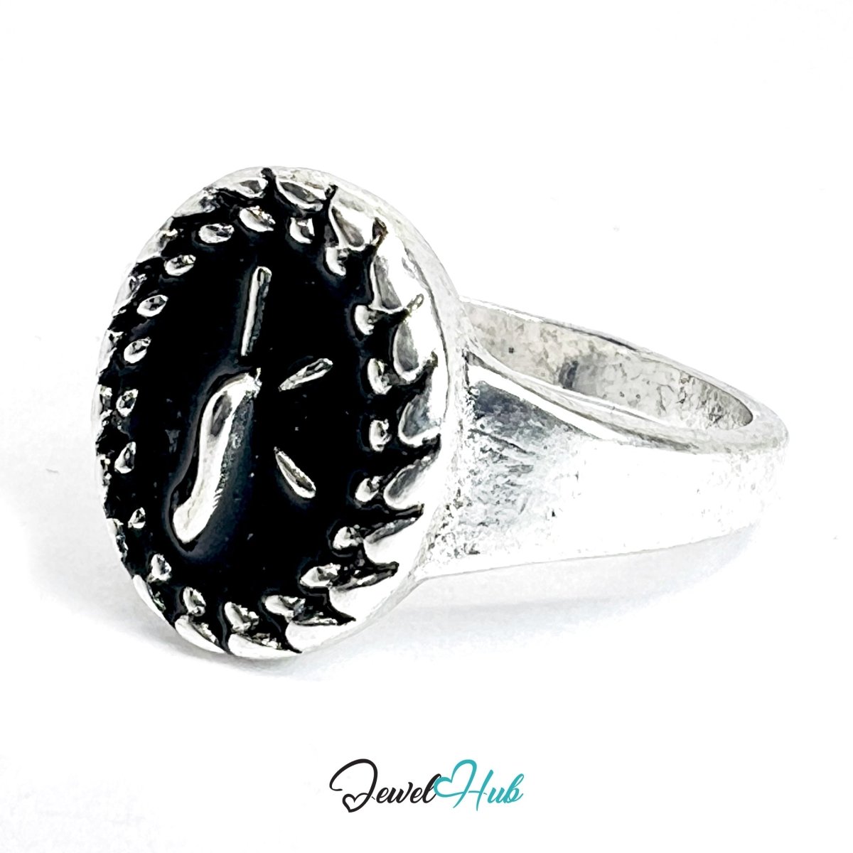 Zinc Alloy Silver‑Plated Punk Ring – Spiked Black Stone Signet - JewelHub.co.uk