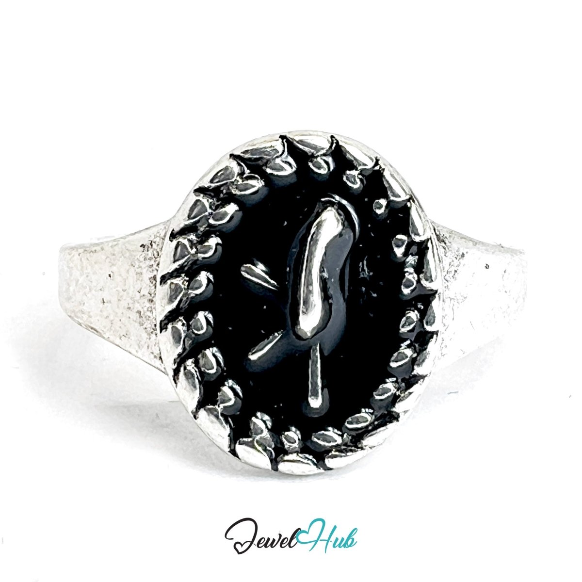 Zinc Alloy Silver‑Plated Punk Ring – Spiked Black Stone Signet - JewelHub.co.uk
