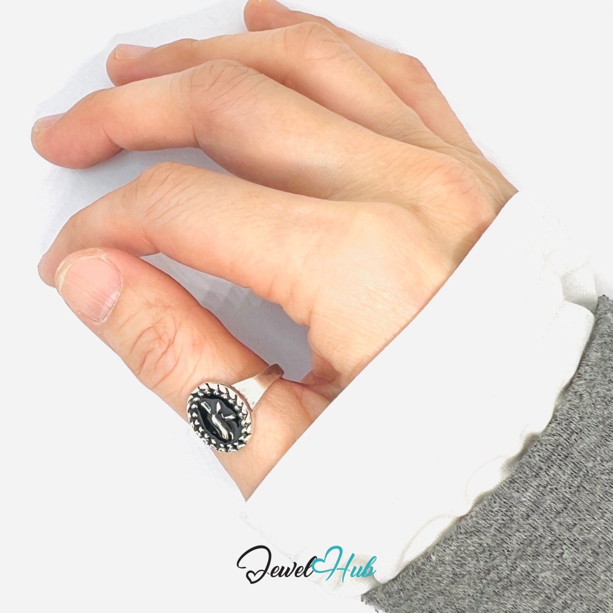 Zinc Alloy Silver‑Plated Punk Ring – Spiked Black Stone Signet - JewelHub.co.uk