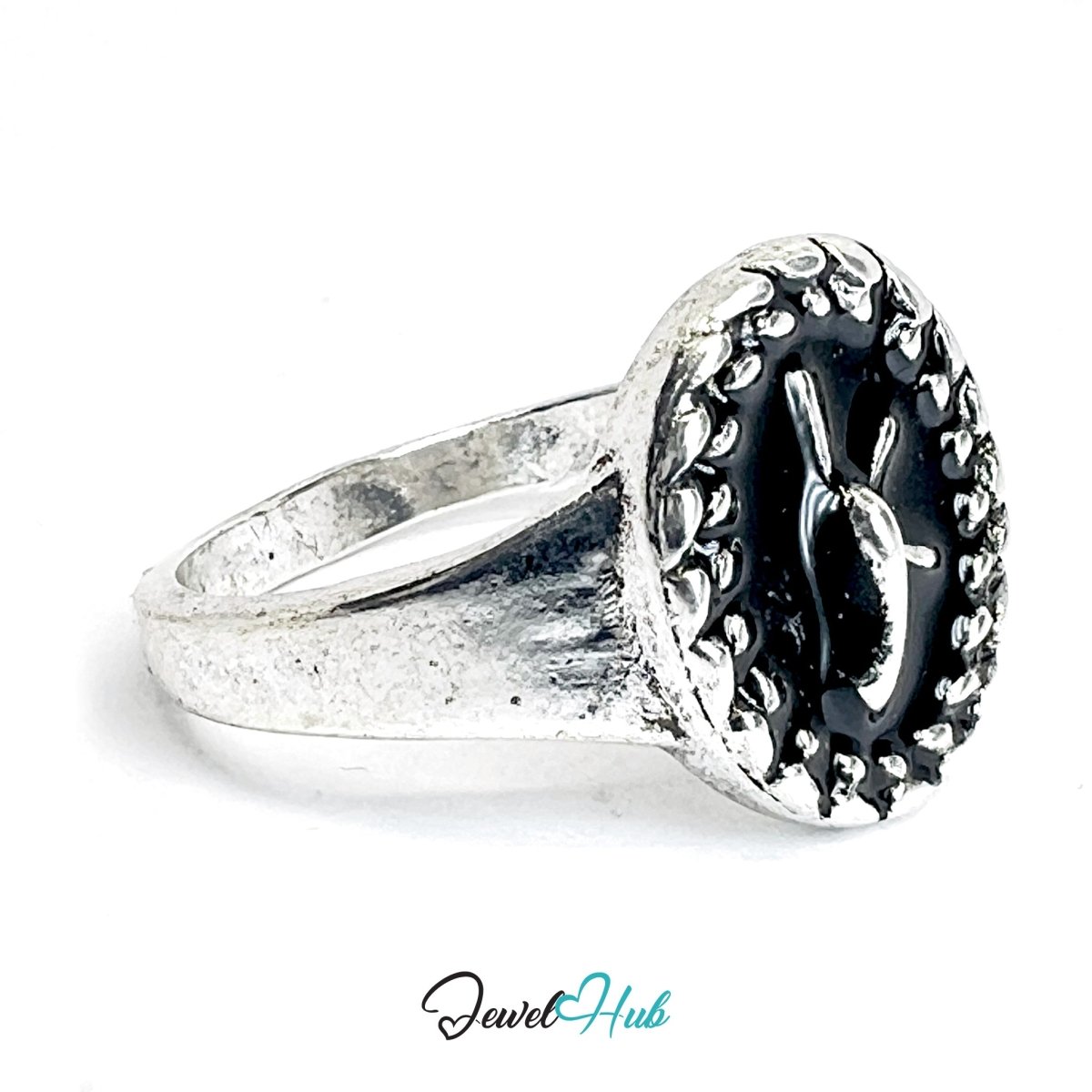Zinc Alloy Silver‑Plated Punk Ring – Spiked Black Stone Signet - JewelHub.co.uk