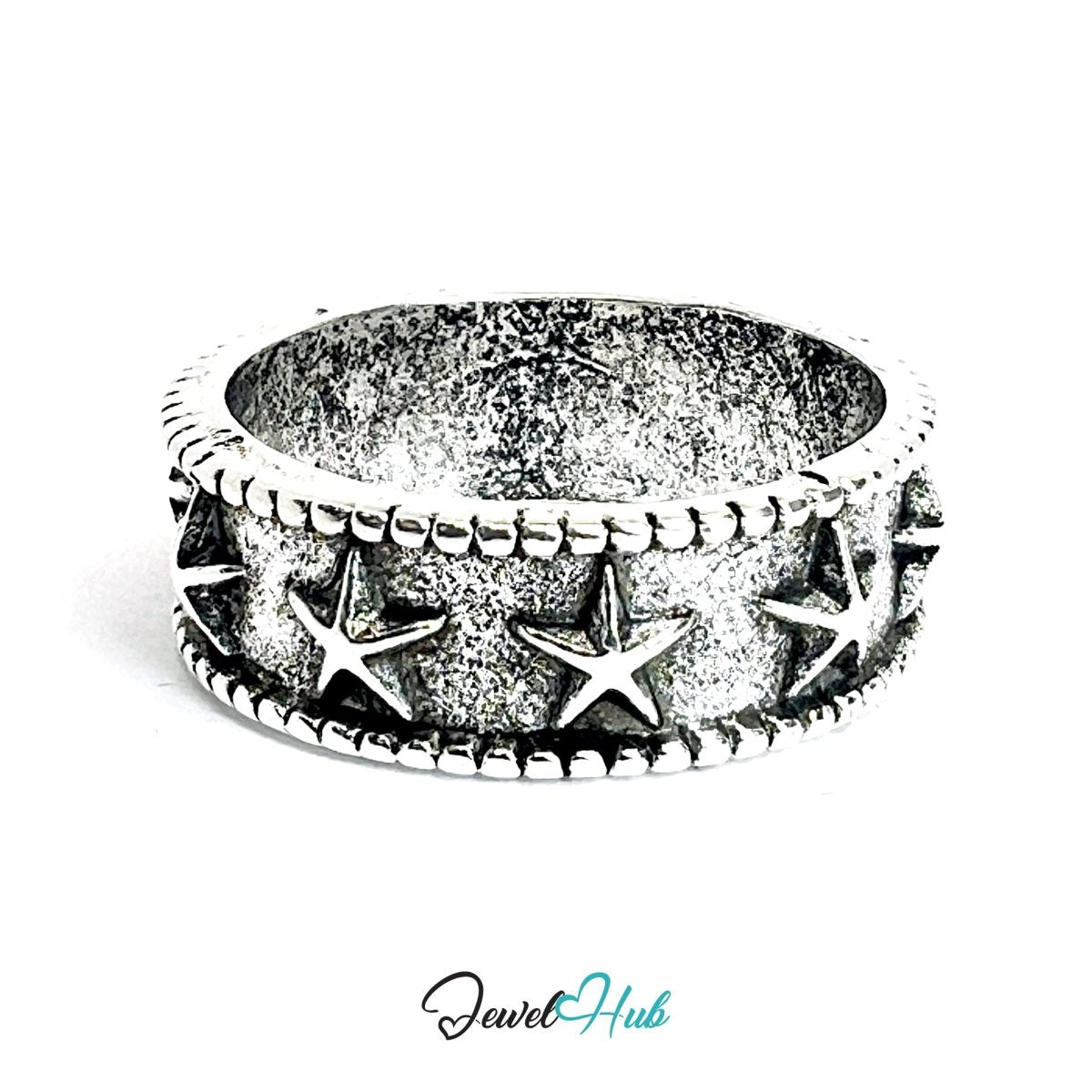 Zinc Alloy Silver‑Plated Punk Ring – Spiked Star Wide Cuff Bangle - JewelHub.co.uk