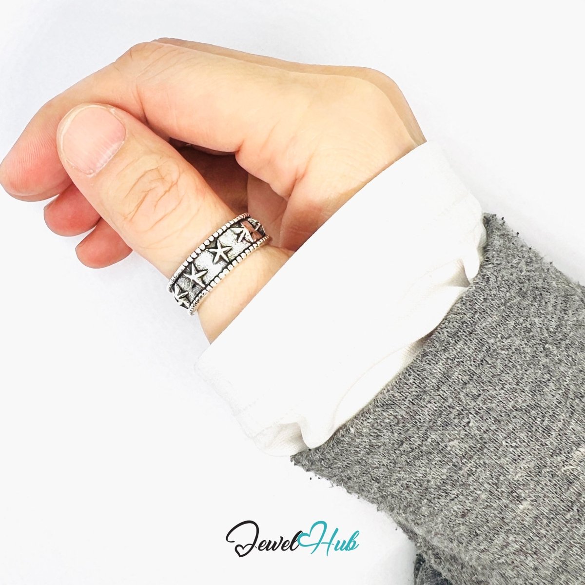 Zinc Alloy Silver‑Plated Punk Ring – Spiked Star Wide Cuff Bangle - JewelHub.co.uk