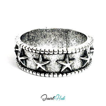 Zinc Alloy Silver‑Plated Punk Ring – Spiked Star Wide Cuff Bangle - JewelHub.co.uk