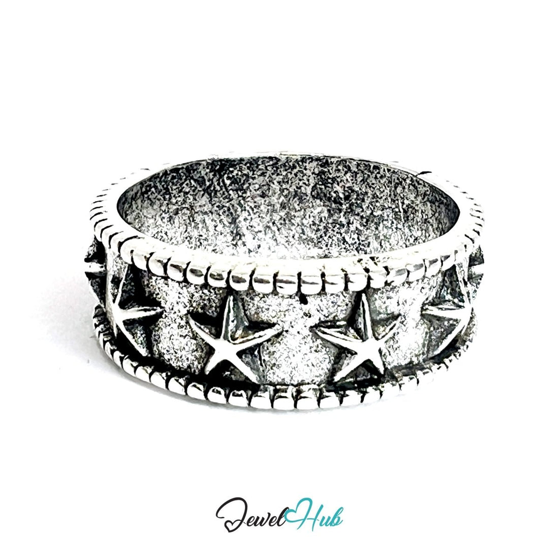 Zinc Alloy Silver‑Plated Punk Ring – Spiked Star Wide Cuff Bangle - JewelHub.co.uk