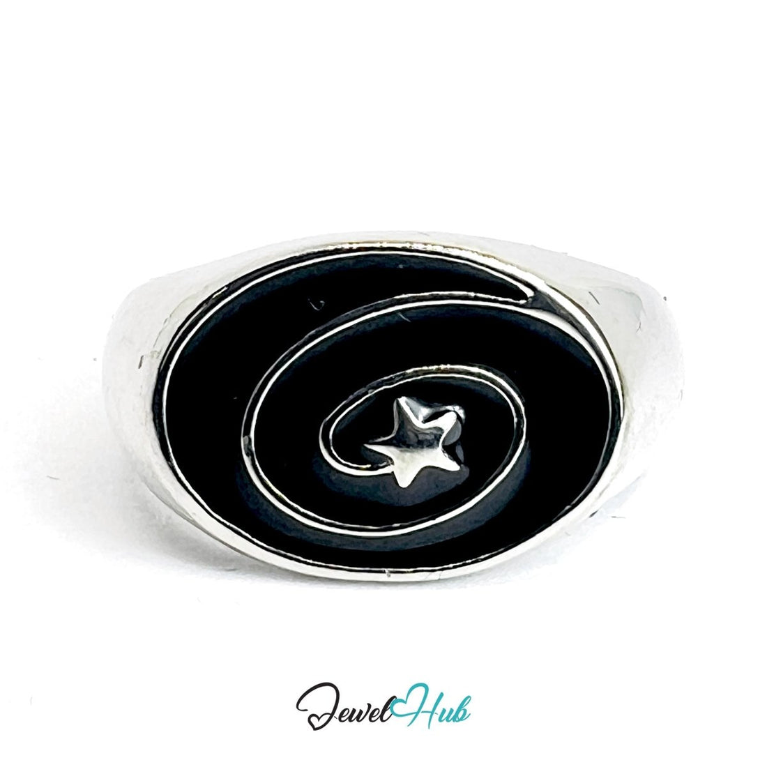 Zinc Alloy Silver‑Plated Punk Ring – Spiral Black Stone Open Cuff - JewelHub.co.uk