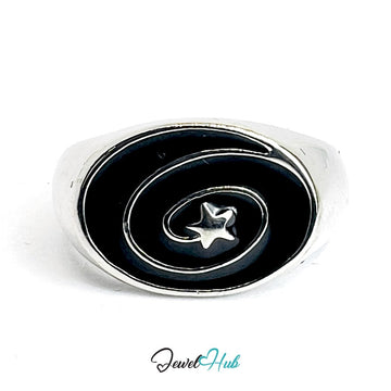 Zinc Alloy Silver‑Plated Punk Ring – Spiral Black Stone Open Cuff - JewelHub.co.uk