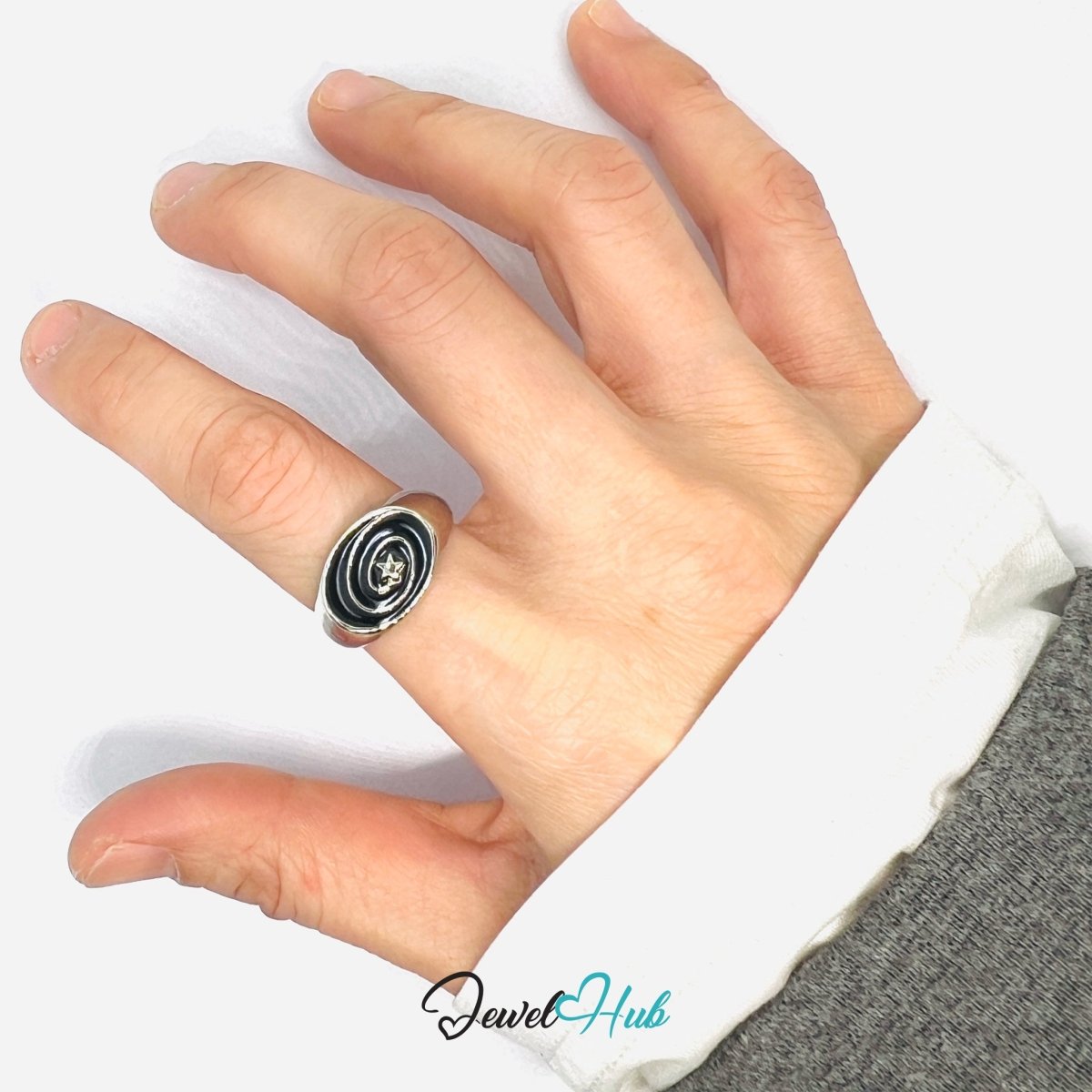 Zinc Alloy Silver‑Plated Punk Ring – Spiral Black Stone Open Cuff - JewelHub.co.uk