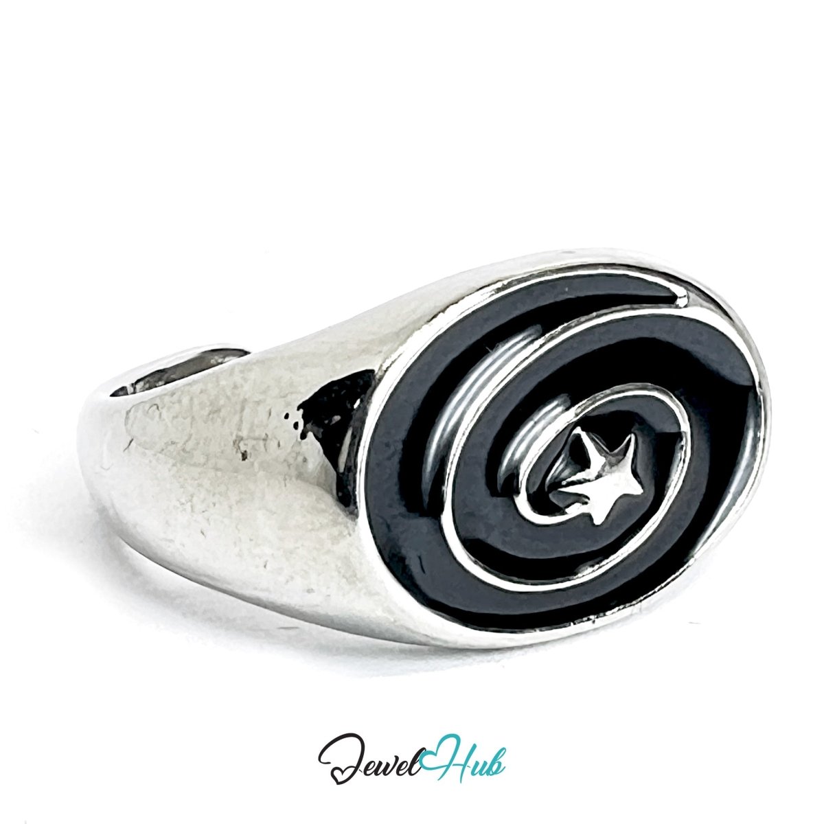 Zinc Alloy Silver‑Plated Punk Ring – Spiral Black Stone Open Cuff - JewelHub.co.uk