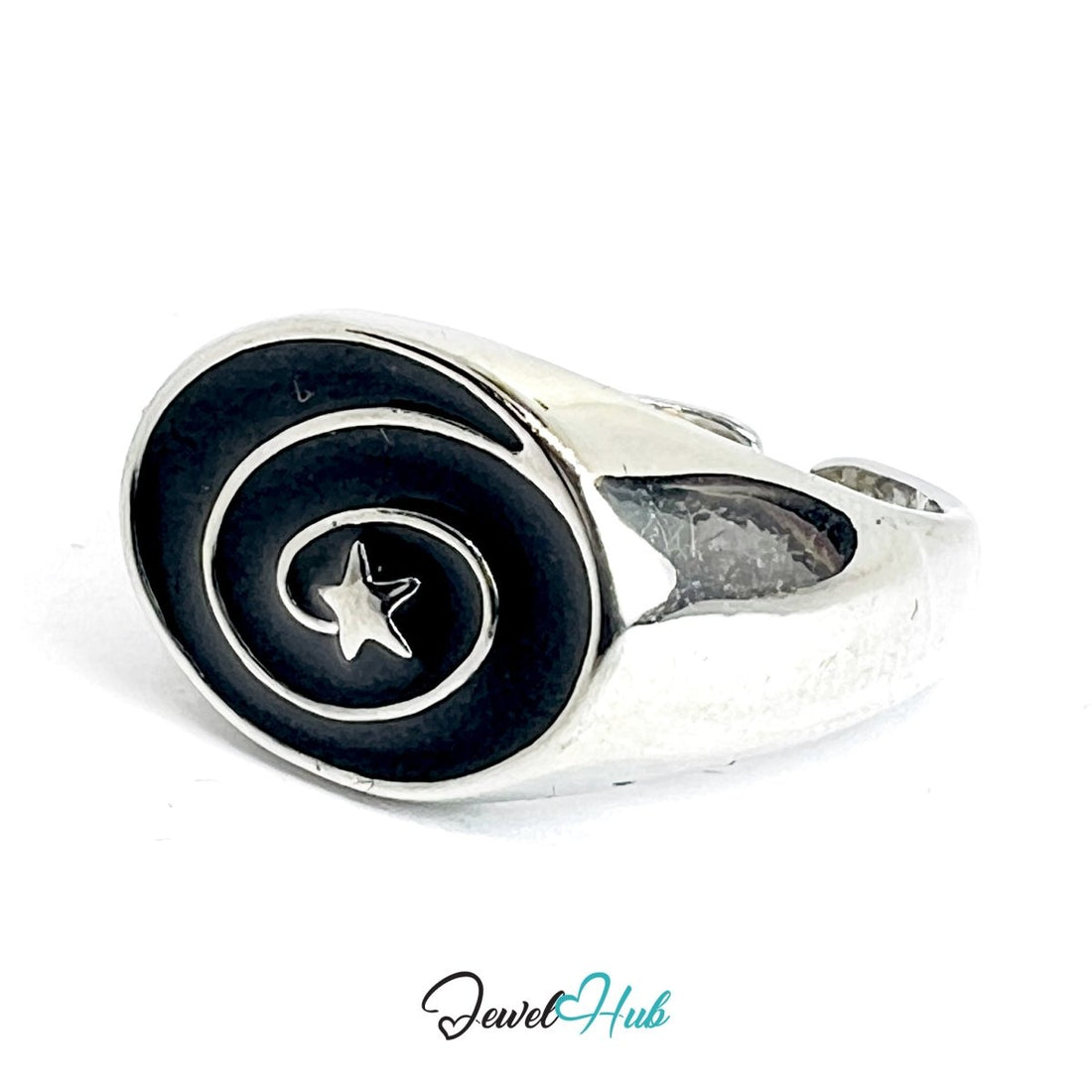 Zinc Alloy Silver‑Plated Punk Ring – Spiral Black Stone Open Cuff - JewelHub.co.uk