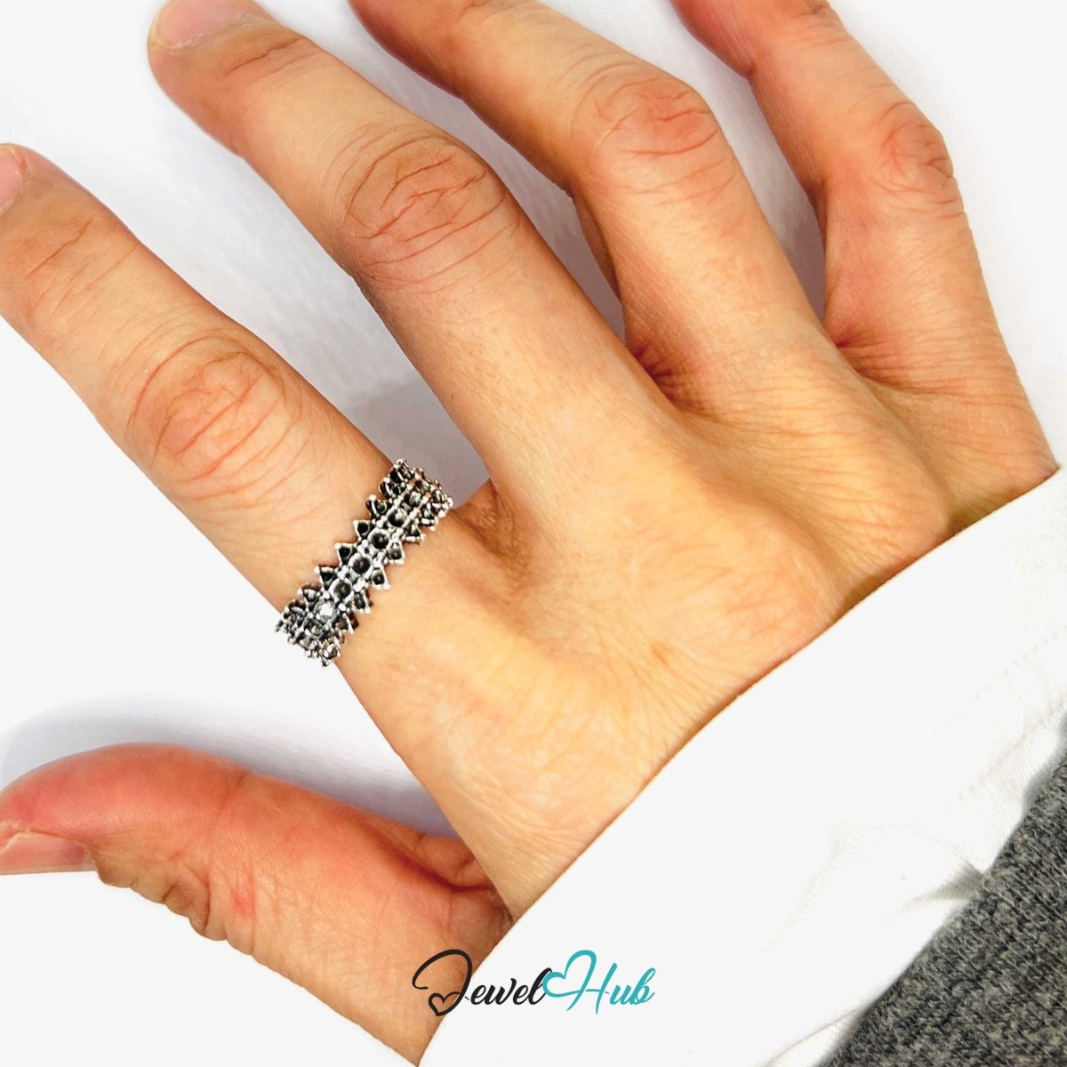 Zinc Alloy Silver‑Plated Punk Ring – Textured Spiked Band - JewelHub.co.uk