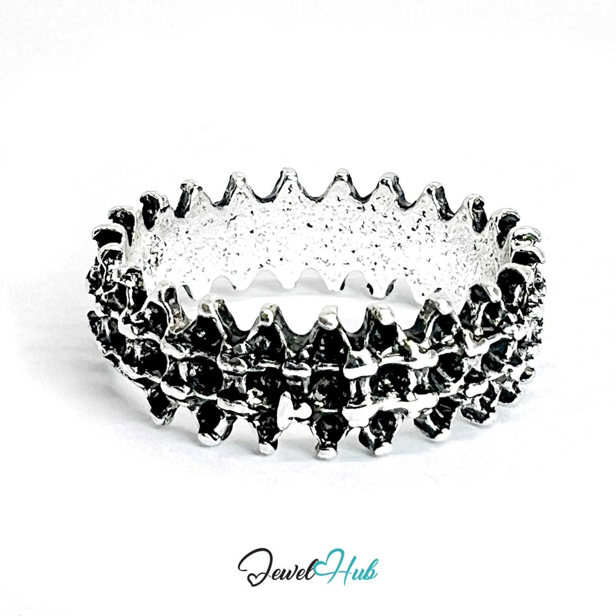 Zinc Alloy Silver‑Plated Punk Ring – Textured Spiked Band - JewelHub.co.uk