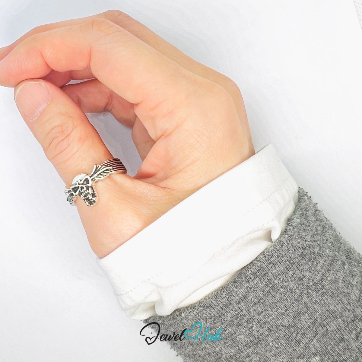 Zinc Alloy Silver‑Plated Punk Ring – Winged Skull Statement Cuff - JewelHub.co.uk