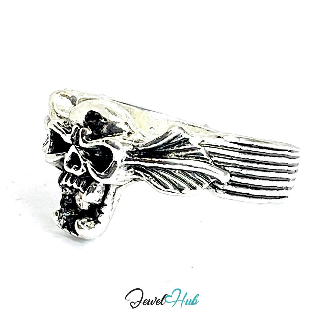 Zinc Alloy Silver‑Plated Punk Ring – Winged Skull Statement Cuff - JewelHub.co.uk