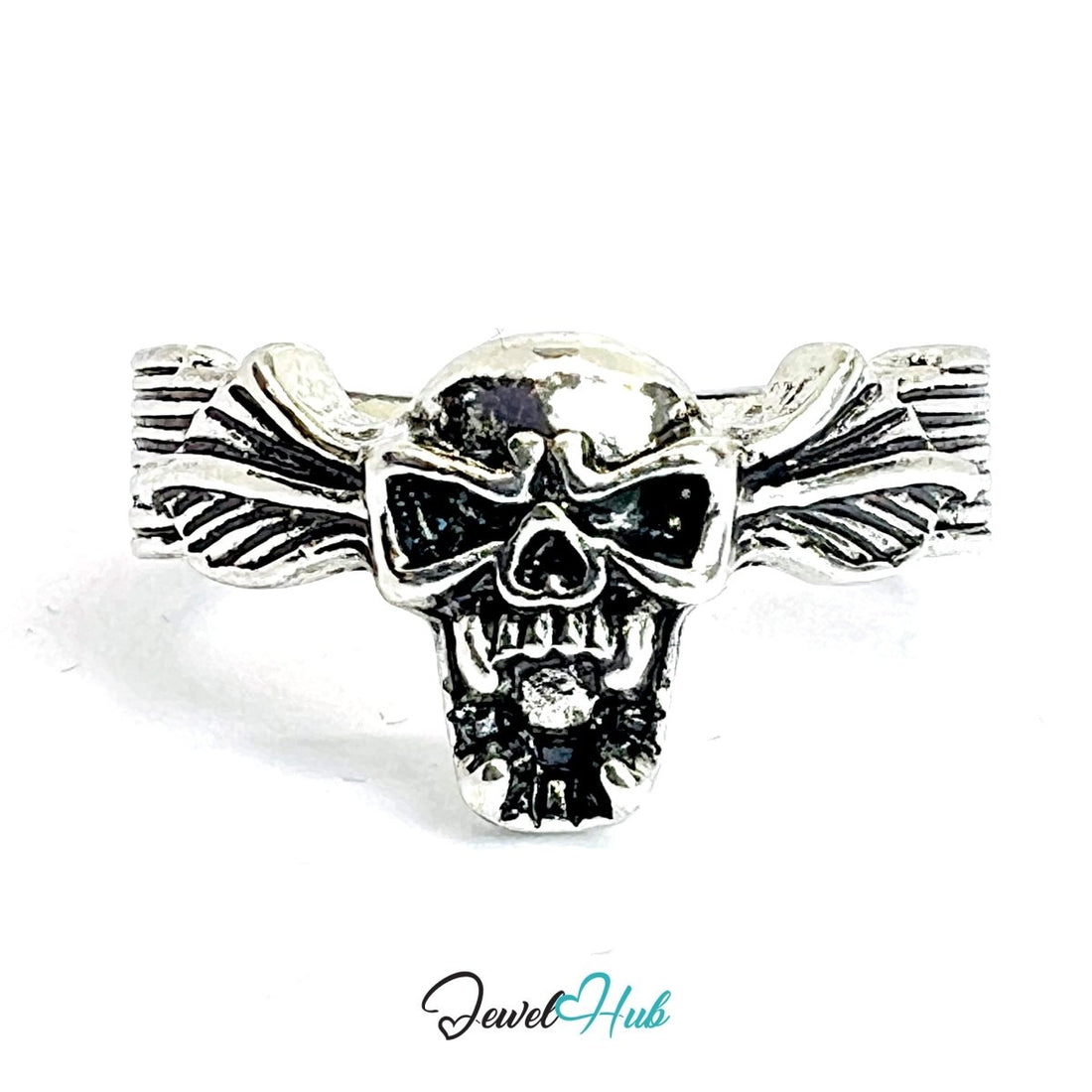 Zinc Alloy Silver‑Plated Punk Ring – Winged Skull Statement Cuff - JewelHub.co.uk