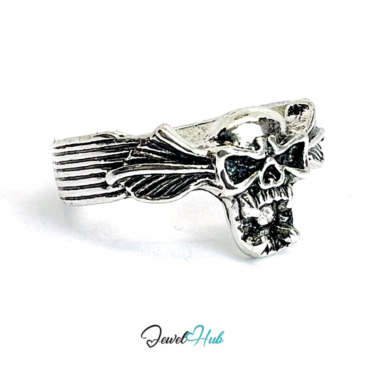 Zinc Alloy Silver‑Plated Punk Ring – Winged Skull Statement Cuff - JewelHub.co.uk