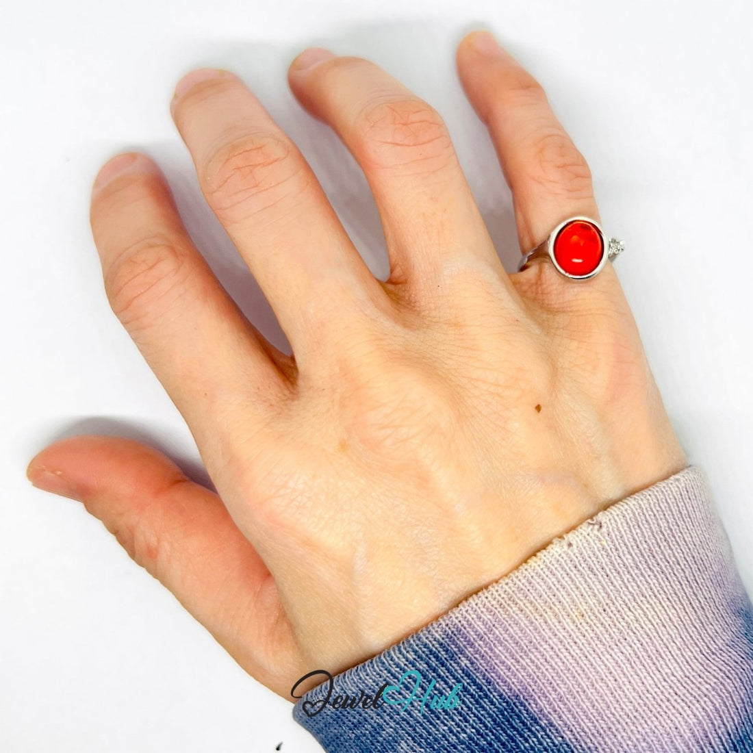 Zinc Alloy Silver‑Plated Red Resin Gem Ring – JKL Open Band - JewelHub.co.uk