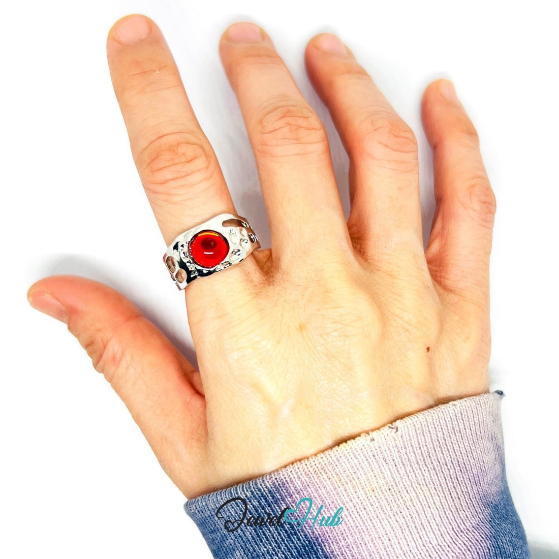 Zinc Alloy Silver‑Plated Red Resin Geometric Open‑End Ring - JewelHub.co.uk