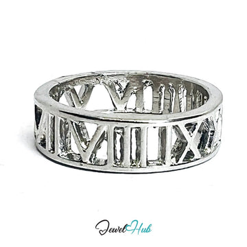 Zinc Alloy Silver‑Plated Roman Numeral Band Ring - JewelHub.co.uk
