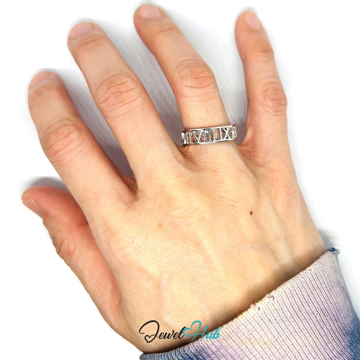 Zinc Alloy Silver‑Plated Roman Numeral Band Ring - JewelHub.co.uk