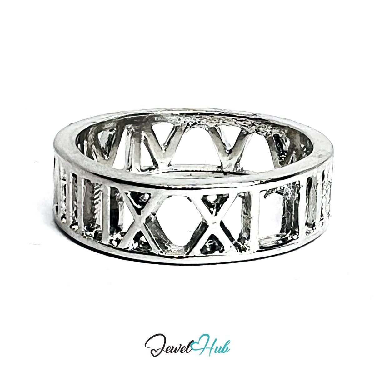 Zinc Alloy Silver‑Plated Roman Numeral Band Ring - JewelHub.co.uk