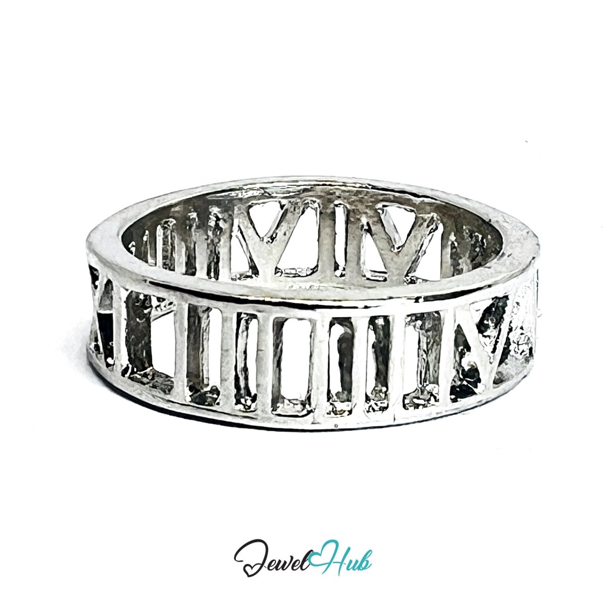 Zinc Alloy Silver‑Plated Roman Numeral Band Ring - JewelHub.co.uk