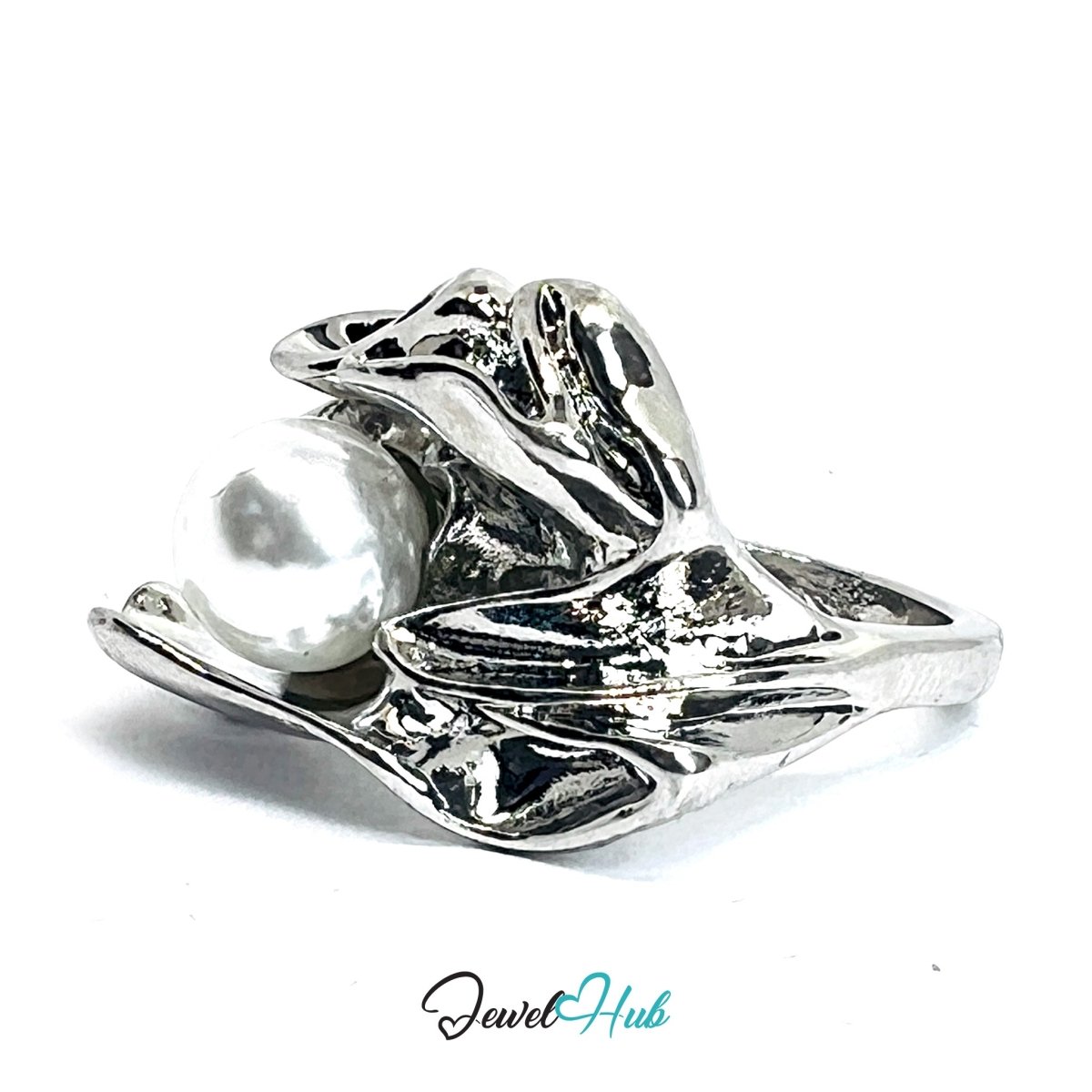 Zinc Alloy Silver‑Plated Sculptural Pearl Accent Ring - JewelHub.co.uk