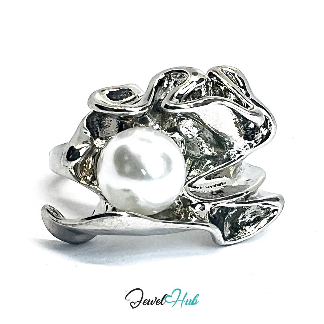 Zinc Alloy Silver‑Plated Sculptural Pearl Accent Ring - JewelHub.co.uk