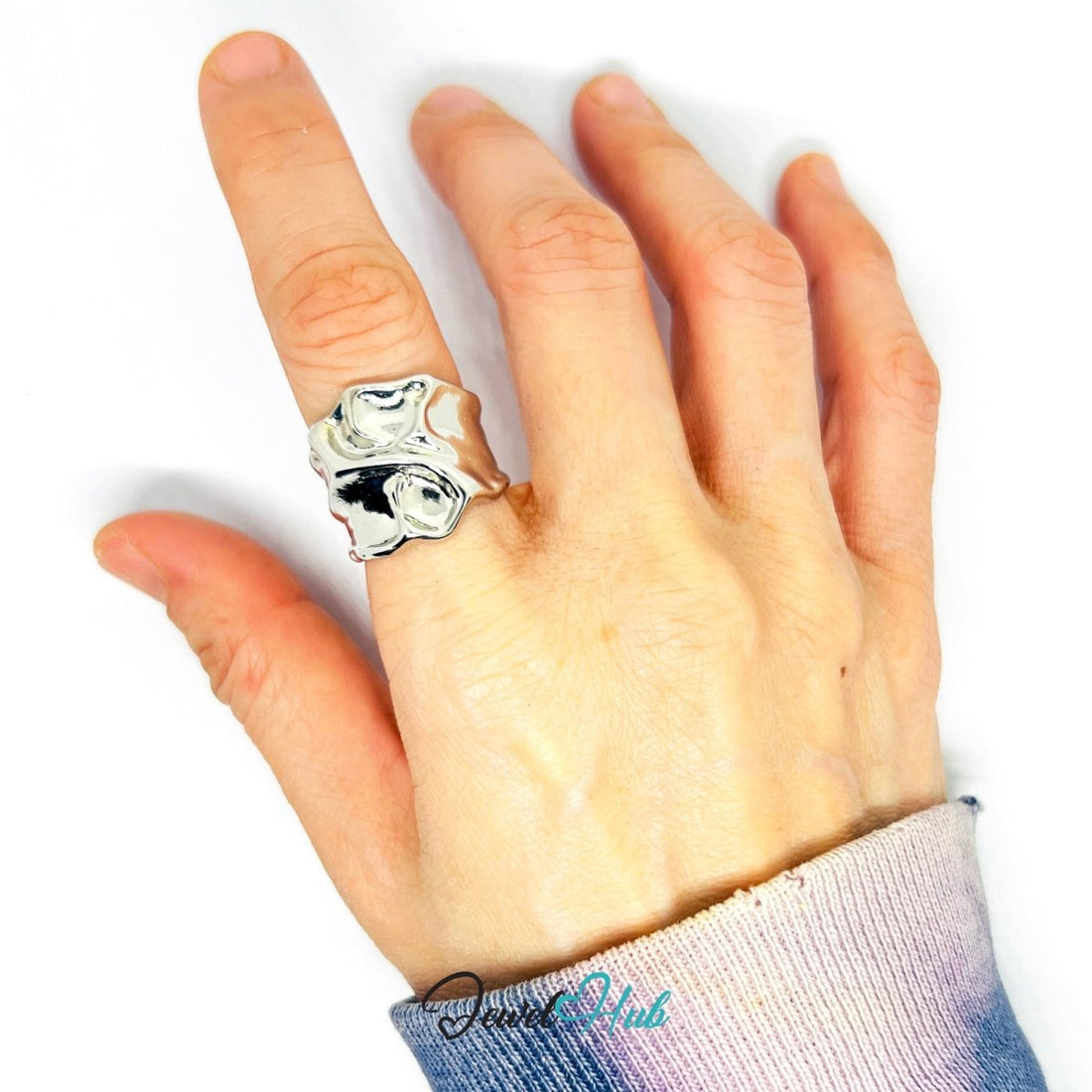 Zinc Alloy Silver‑Plated Sculptural Wide Band Ring - JewelHub.co.uk
