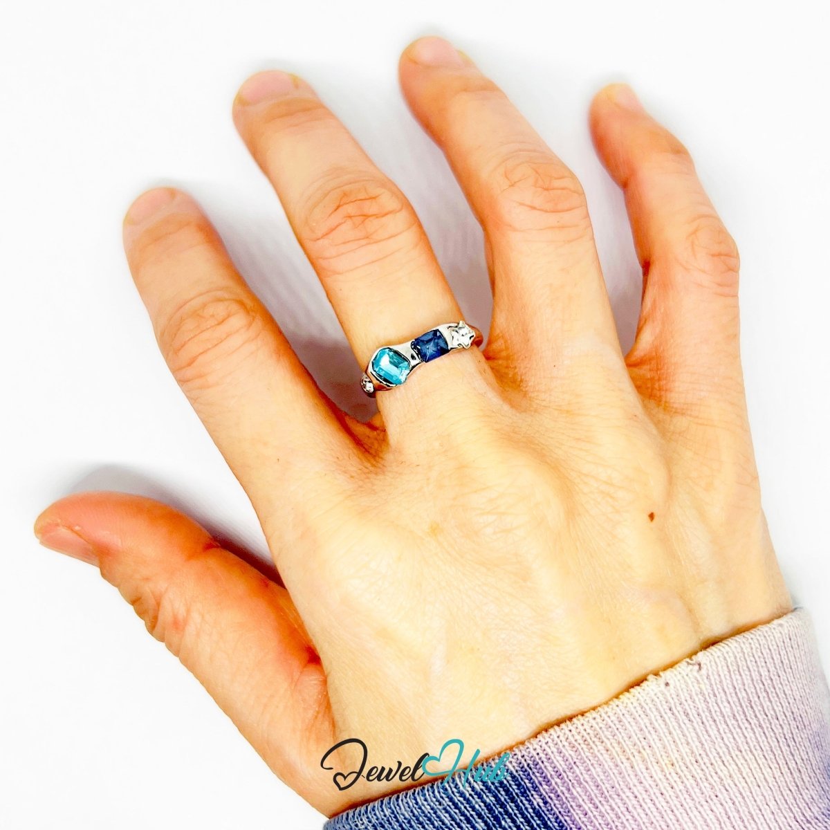 Zinc Alloy Silver‑Plated Star Gem Band Ring – Aqua & Sapphire - JewelHub.co.uk