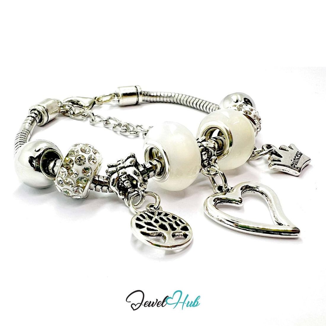 Zinc Alloy White Double Bead Heart Crown Charm Bracelet 18–22cm - JewelHub.co.uk