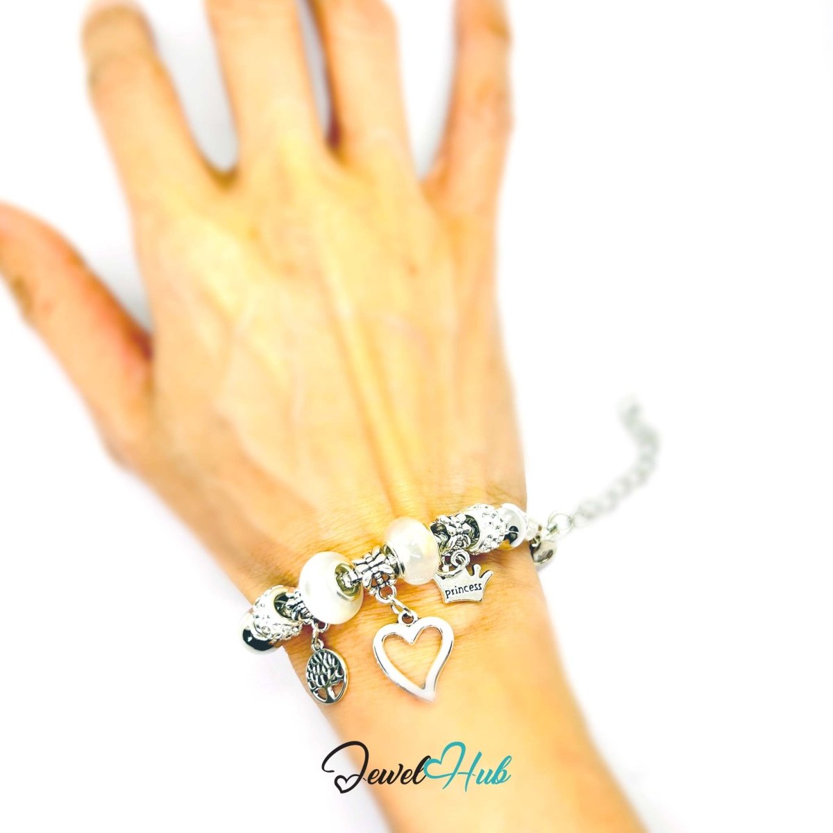 Zinc Alloy White Double Bead Heart Crown Charm Bracelet 18–22cm - JewelHub.co.uk