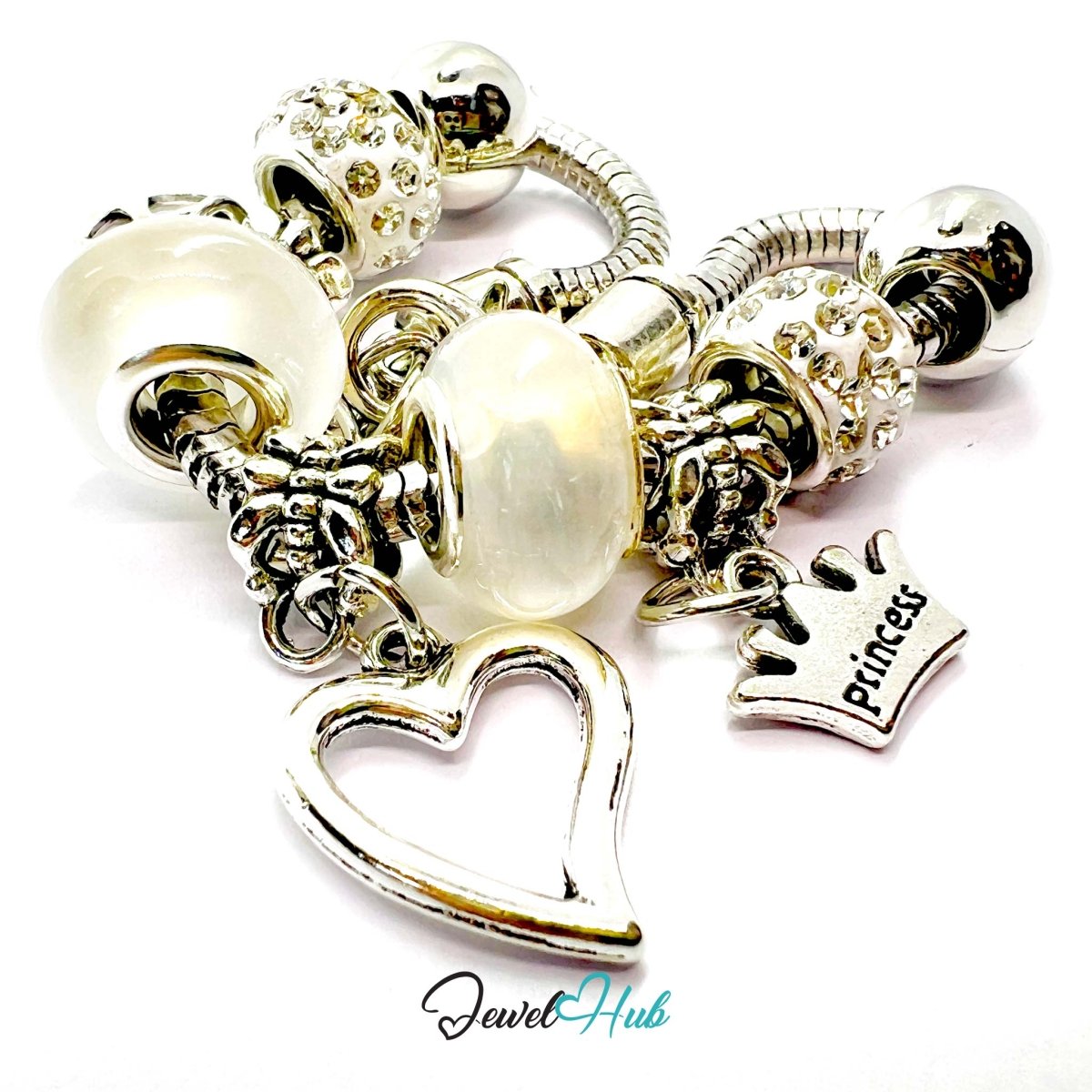Zinc Alloy White Double Bead Heart Crown Charm Bracelet 18–22cm - JewelHub.co.uk