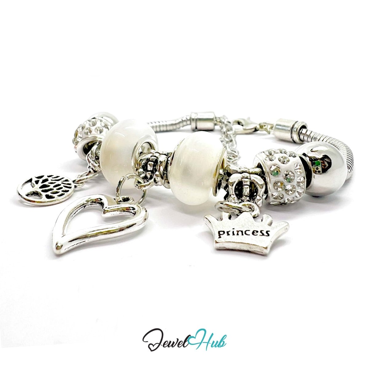 Zinc Alloy White Double Bead Heart Crown Charm Bracelet 18–22cm - JewelHub.co.uk