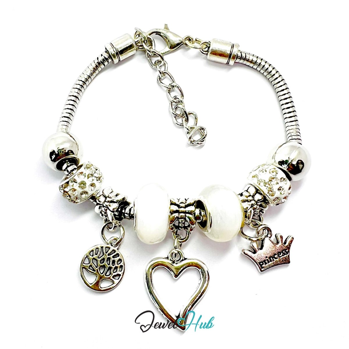 Zinc Alloy White Double Bead Heart Crown Charm Bracelet 18–22cm - JewelHub.co.uk