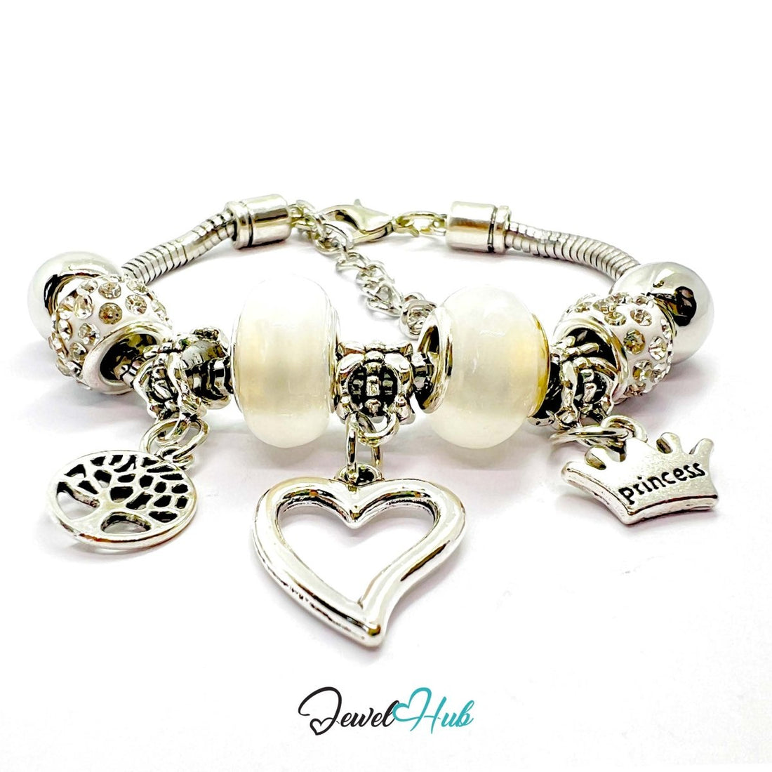 Zinc Alloy White Double Bead Heart Crown Charm Bracelet 18–22cm - JewelHub.co.uk