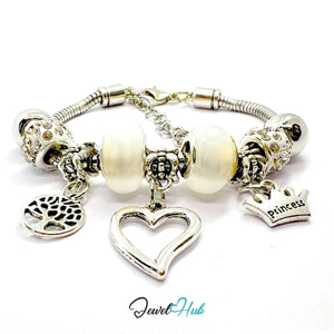 Zinc Alloy White Double Bead Heart Crown Charm Bracelet 18–22cm - JewelHub.co.uk