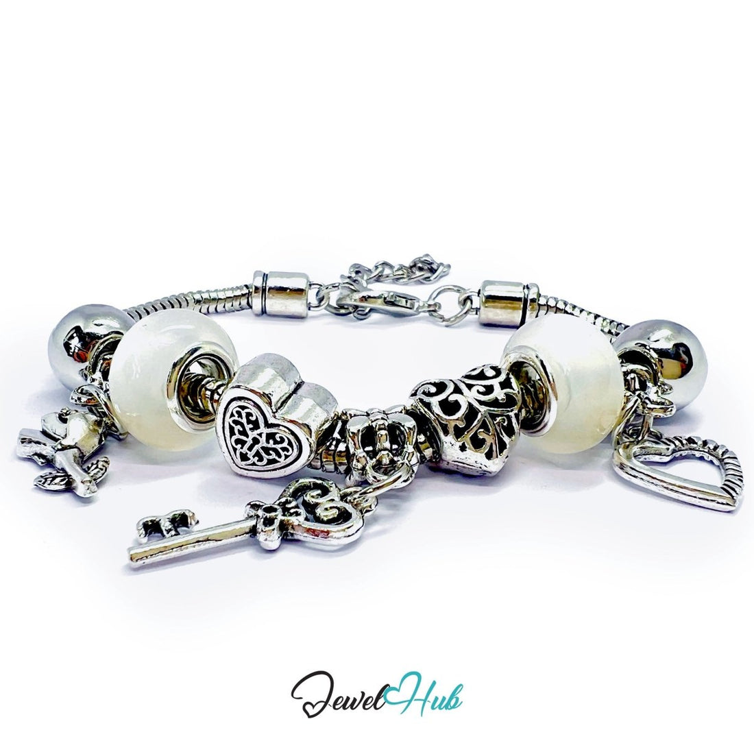 Zinc Alloy White Rounded Bead Silver Bracelet with Heart & Key 18–22cm - JewelHub.co.uk