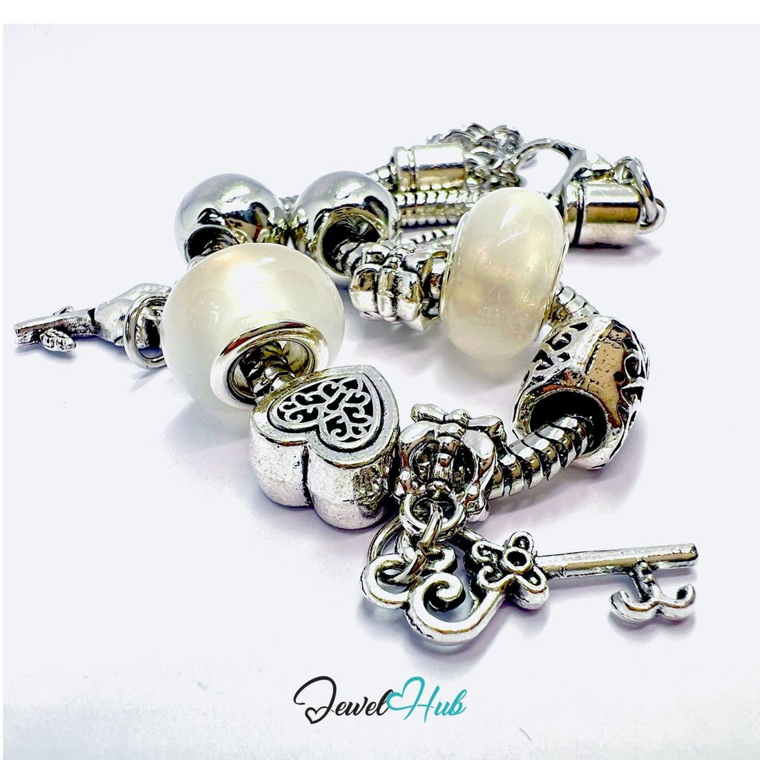 Zinc Alloy White Rounded Bead Silver Bracelet with Heart & Key 18–22cm - JewelHub.co.uk