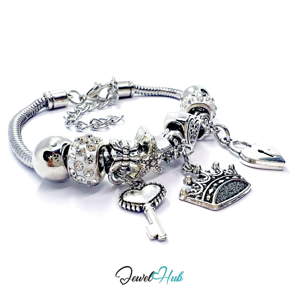Zinc Alloy White Sparkle Crystal Crown Key Lock Charm Bracelet 18 - 22cm - JewelHub.co.uk