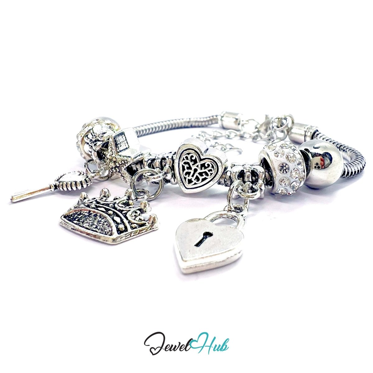 Zinc Alloy White Sparkle Crystal Crown Key Lock Charm Bracelet 18 - 22cm - JewelHub.co.uk