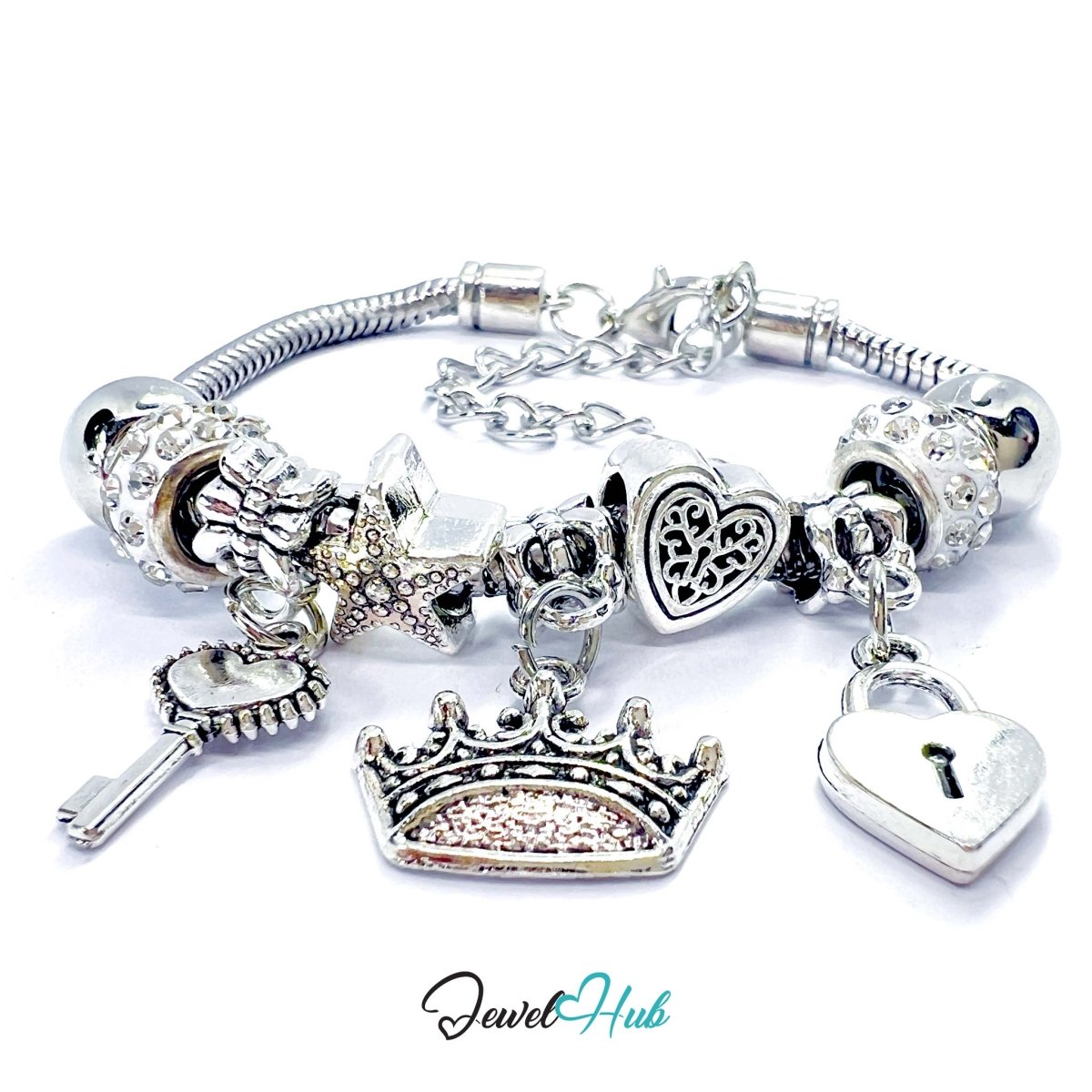 Zinc Alloy White Sparkle Crystal Crown Key Lock Charm Bracelet 18 - 22cm - JewelHub.co.uk