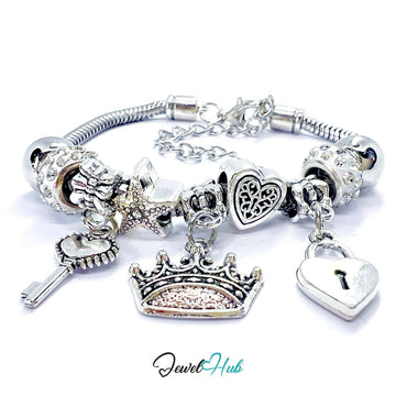 Zinc Alloy White Sparkle Crystal Crown Key Lock Charm Bracelet 18 - 22cm - JewelHub.co.uk