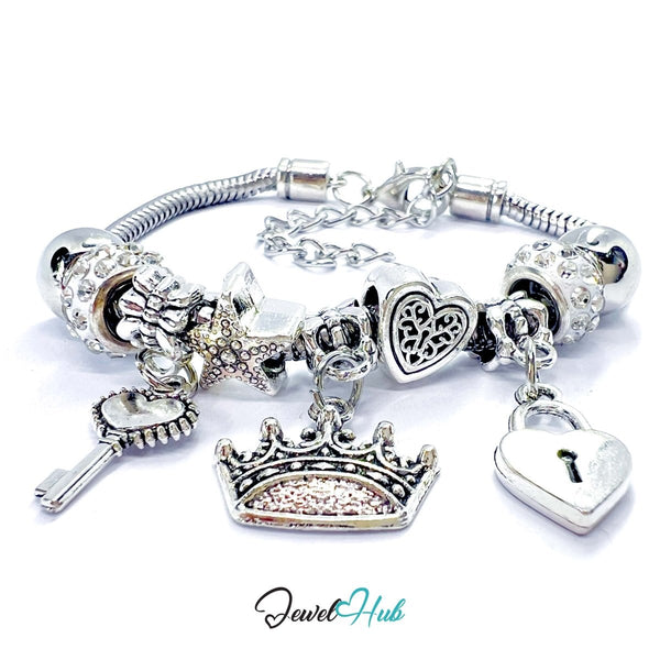 Zinc Alloy White Sparkle Crystal Crown Key Lock Charm Bracelet 18 - 22cm - JewelHub.co.uk