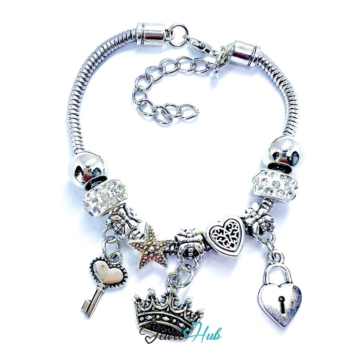 Zinc Alloy White Sparkle Crystal Crown Key Lock Charm Bracelet 18 - 22cm - JewelHub.co.uk