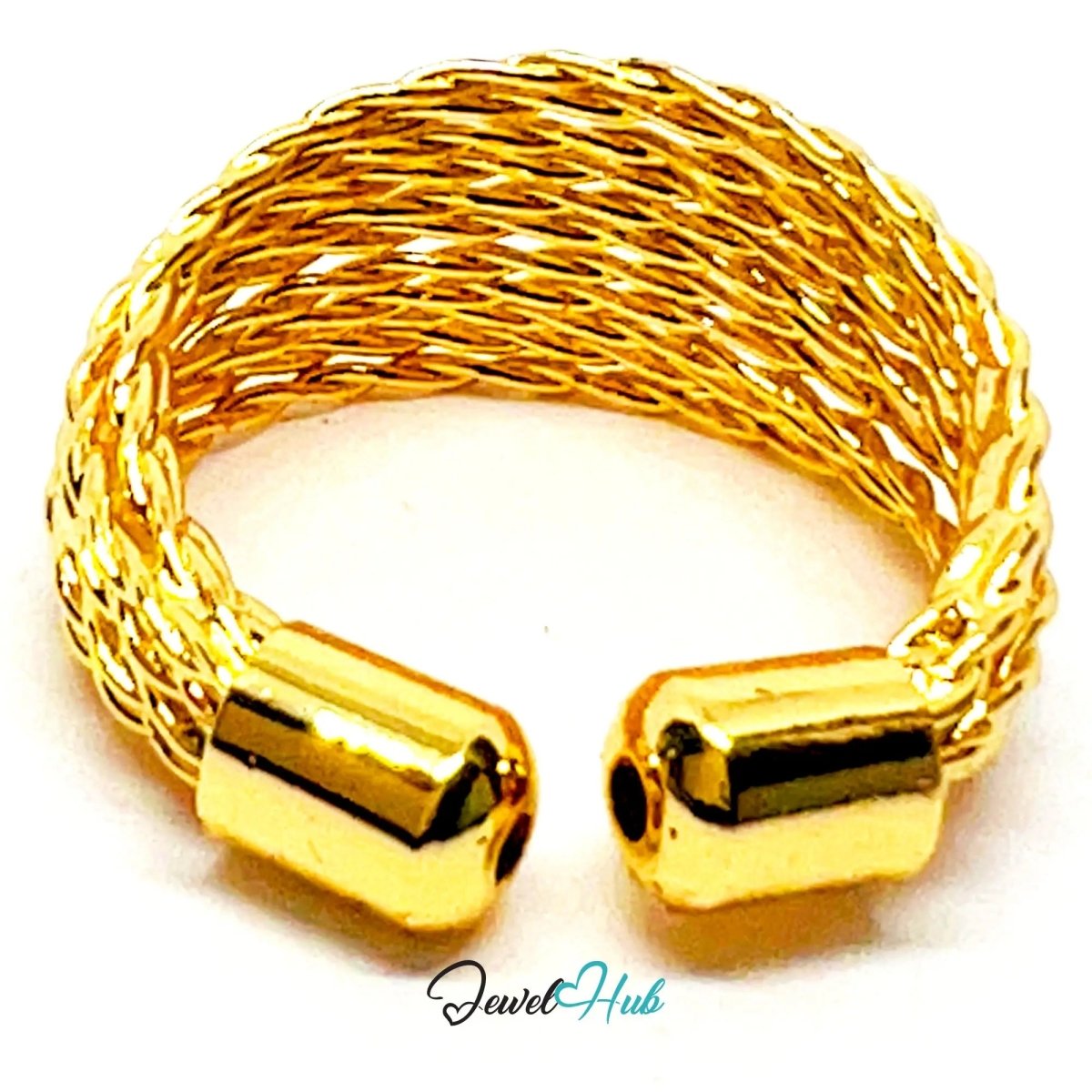 Zinc Gold Plated Ring 💛 Braided Arc & Open back · UK O · US 7.5 · Textured Statement - JewelHub.co.uk