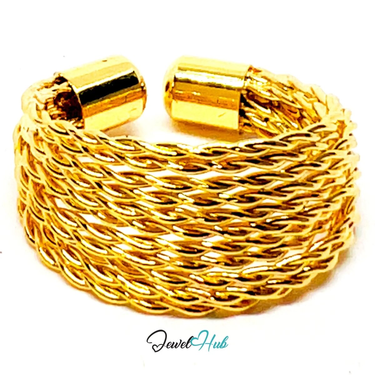 Zinc Gold Plated Ring 💛 Braided Arc & Open back · UK O · US 7.5 · Textured Statement - JewelHub.co.uk